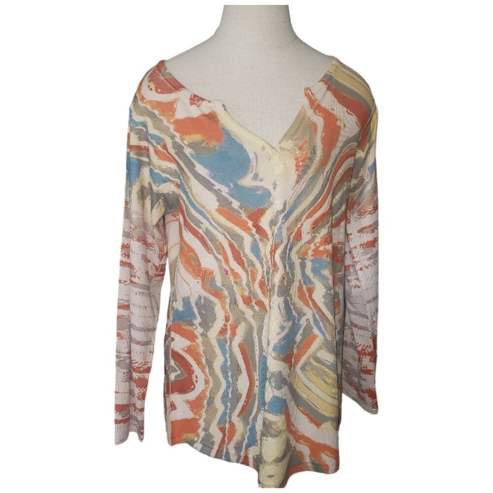 CT471 Patchington Abstract design V-necl Long Sleeve Ribbed Blouse M